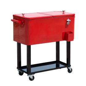 80 QT Rolling Cooling Bins Ice Chest on Wheels Outdoor Stand Up Drink Cooler Cart for Party, Red - Red
