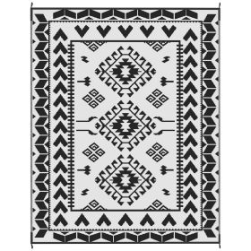 Reversible Outdoor Rug, Waterproof Plastic Straw with Carry Bag, 8' x 10', Black & White Rhombus Patchwork - Black