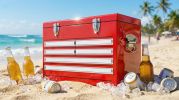 Yakimoto Nostalgia Series 21 Qt. Retro Industrial Toolbox Style Metal Cooler - 20L Portable Red Ice Chest for Camping, Tailgating & Garage - 20L/21Qt