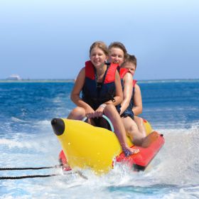 3-Person Inflatable Banana Boat with Electric Air Pump Carrying Bag and Repair Kit - Red + Yellow